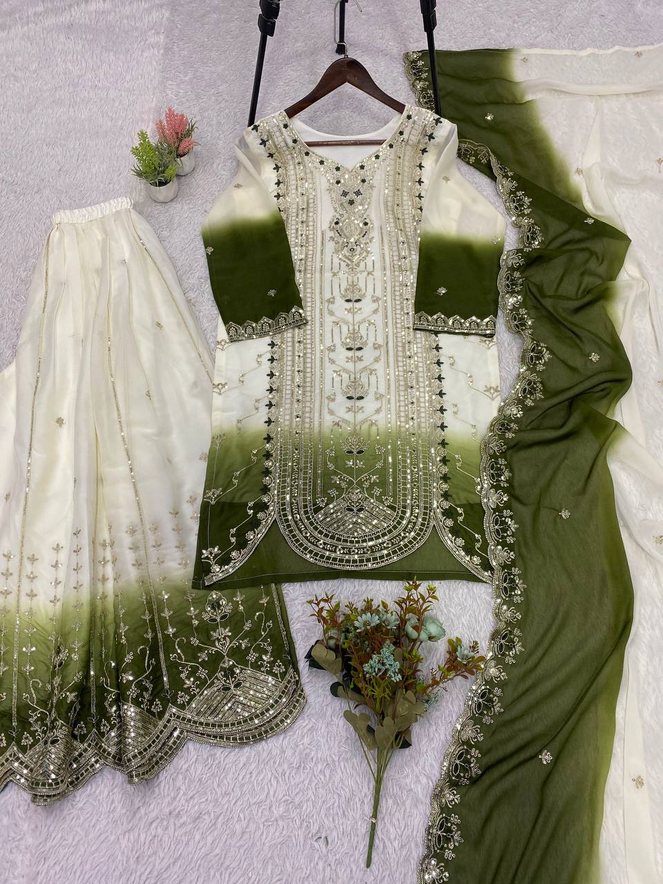 Mehendi Green Star Georgette Sequin Sharara Set, view 4