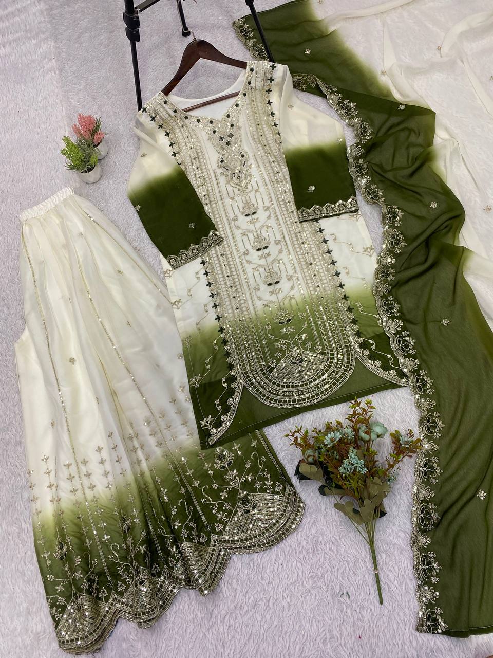 Mehendi Green Star Georgette Sequin Sharara Set, view 6