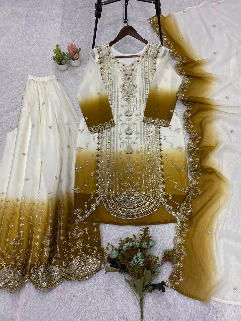 Mustard Star Georgette Sequin Sharara Set, view 4