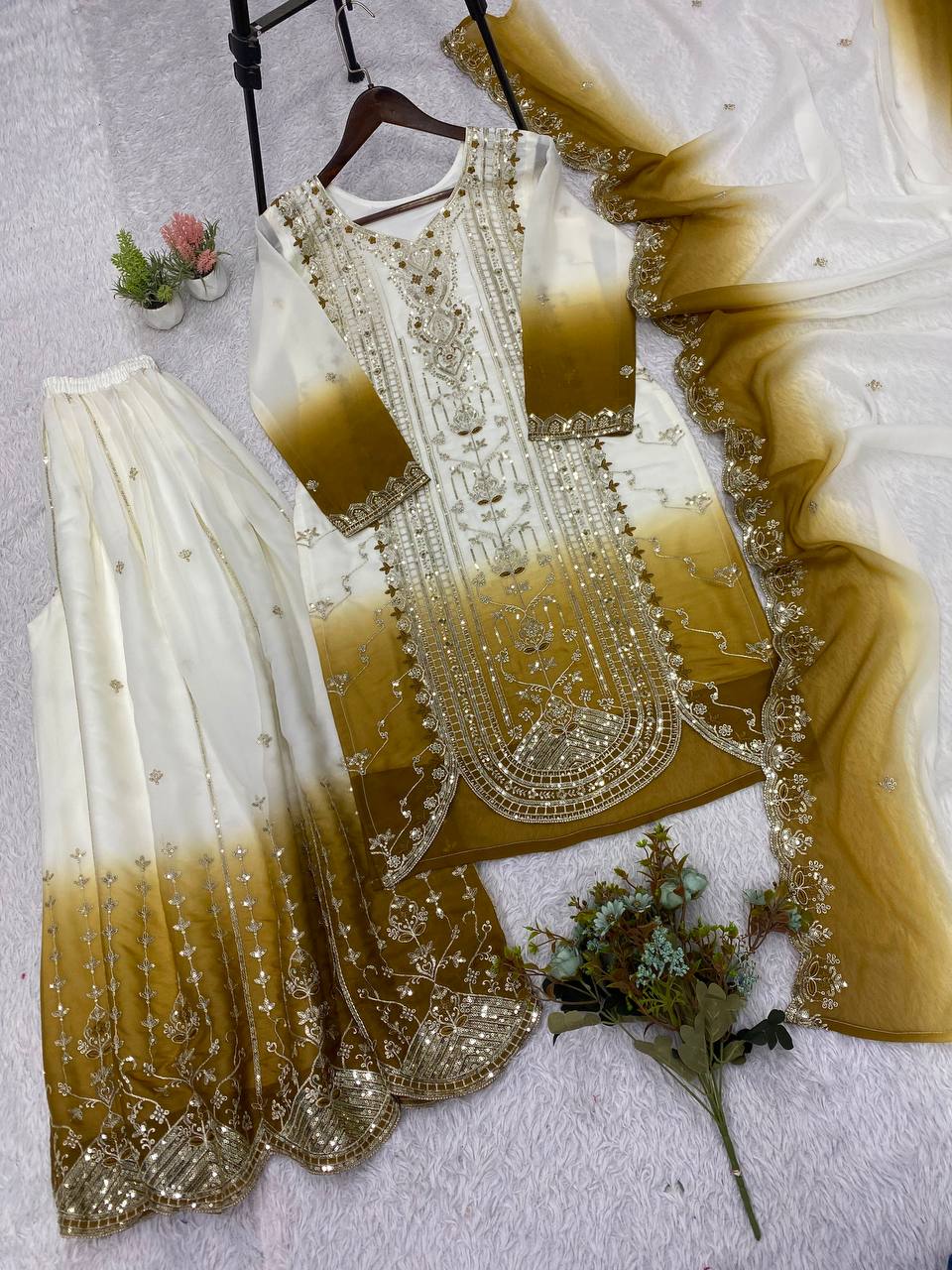 Mustard Star Georgette Sequin Sharara Set, view 5