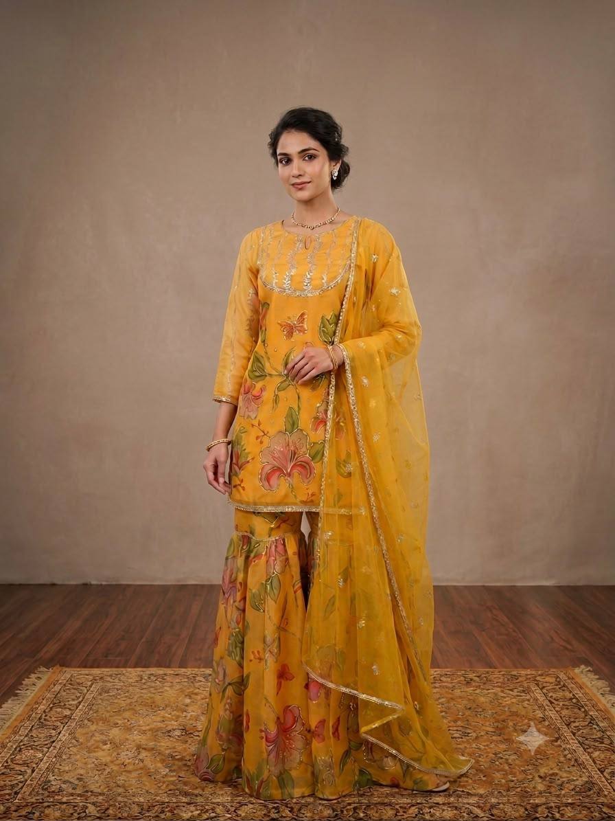 Mustard Yellow Organza Sequin Sharara Set
