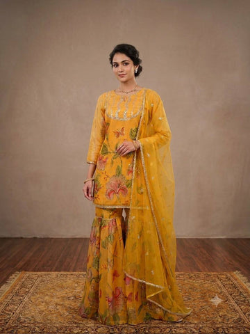 Mustard Yellow Organza Sequin Sharara Set