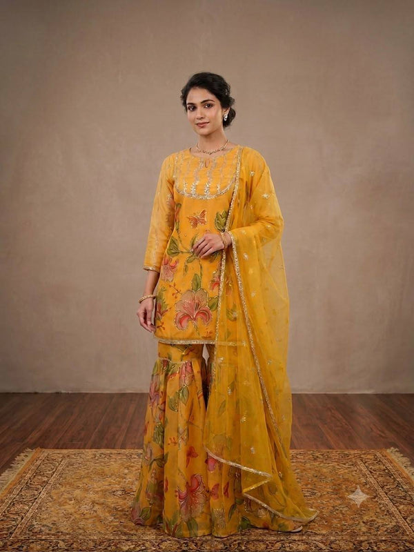 Mustard Yellow Organza Sequin Sharara Set