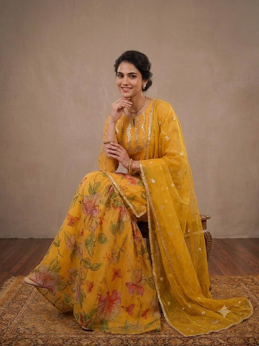 Mustard Yellow Organza Sequin Sharara Set, view 2