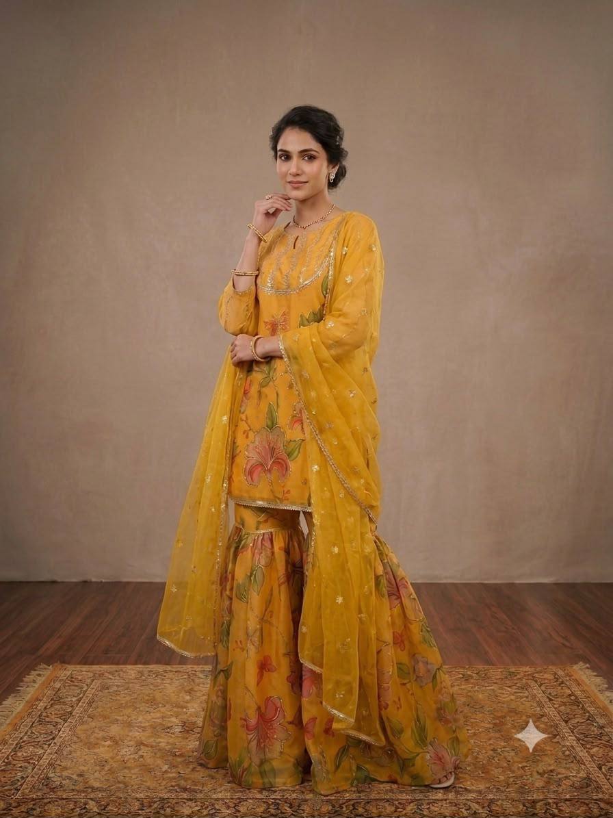 Mustard Yellow Organza Sequin Sharara Set, view 3