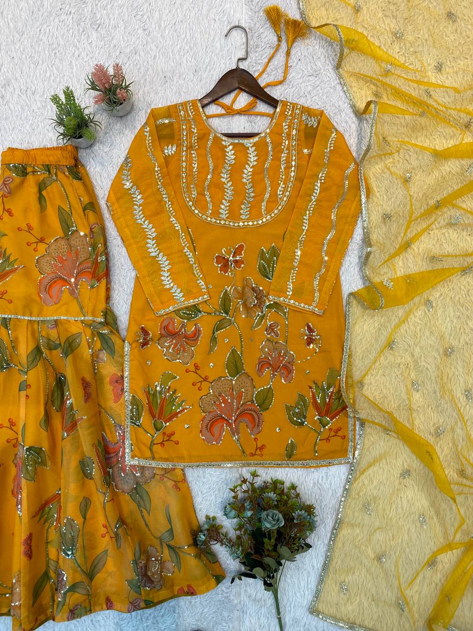 Mustard Yellow Organza Sequin Sharara Set, view 4