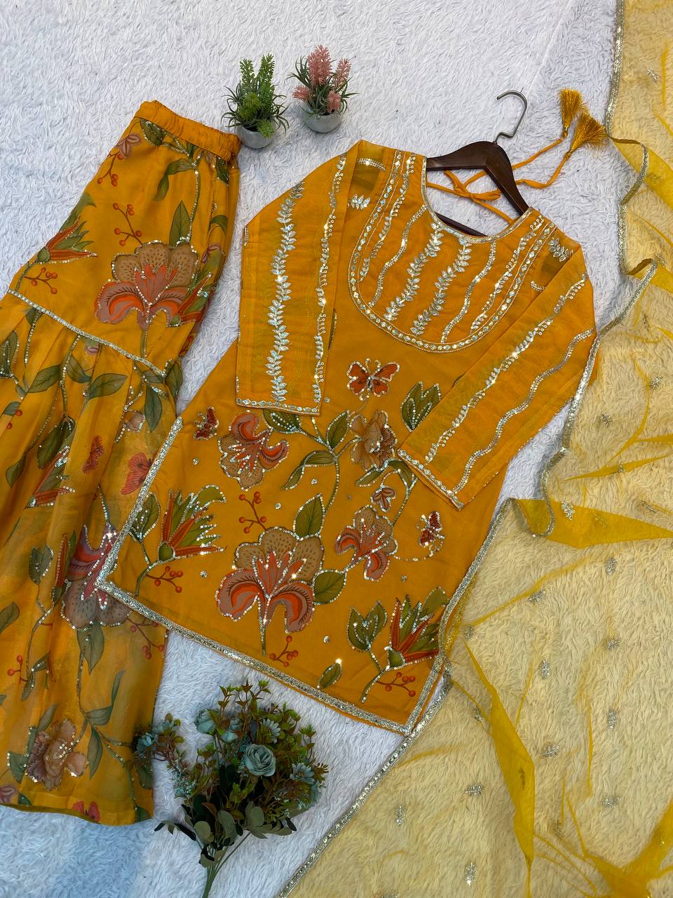 Mustard Yellow Organza Sequin Sharara Set, view 5