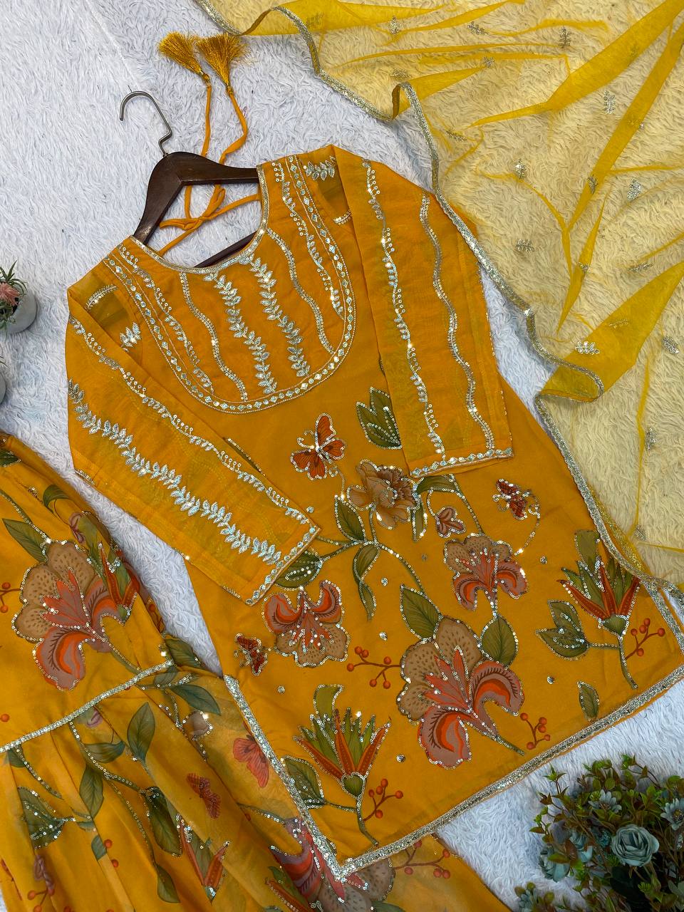 Mustard Yellow Organza Sequin Sharara Set, view 6