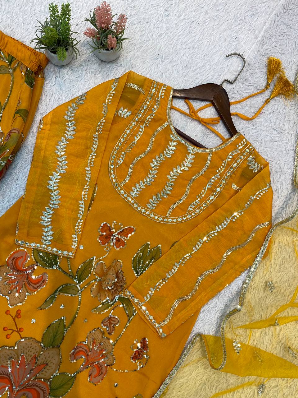 Mustard Yellow Organza Sequin Sharara Set, view 7