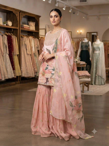 Peach Organza Sequin Sharara Set