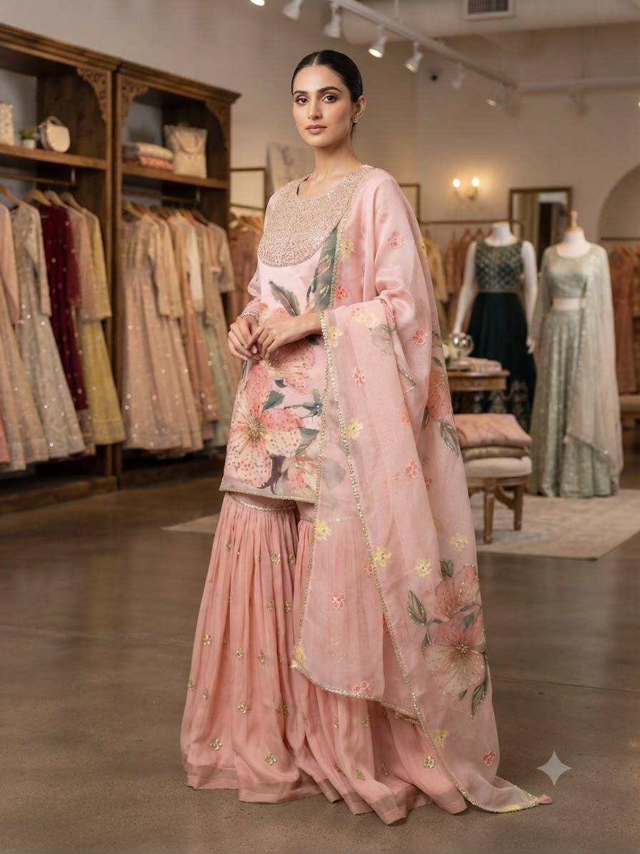 Peach Organza Sequin Sharara Set