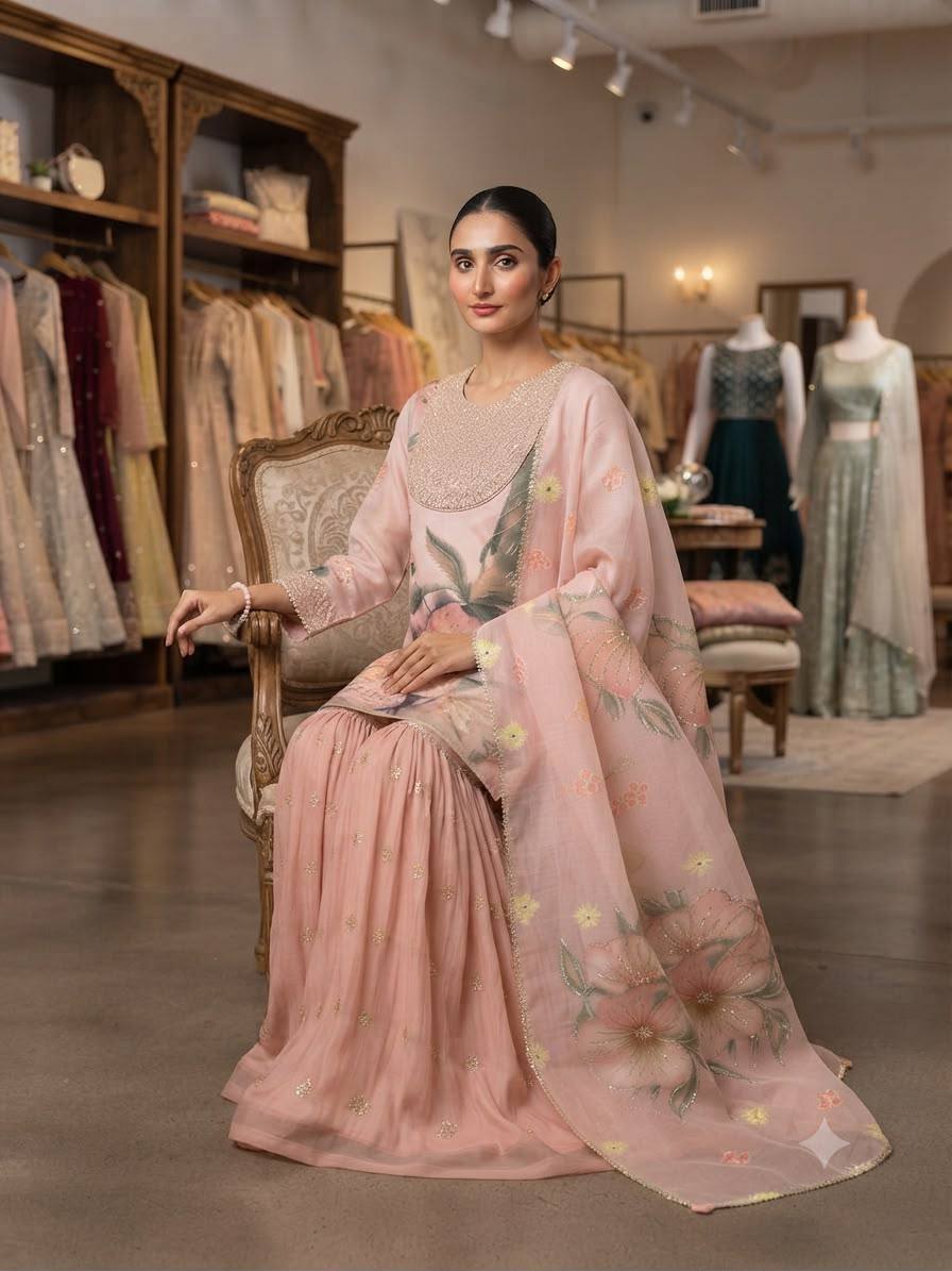 Peach Organza Sequin Sharara Set, view 2