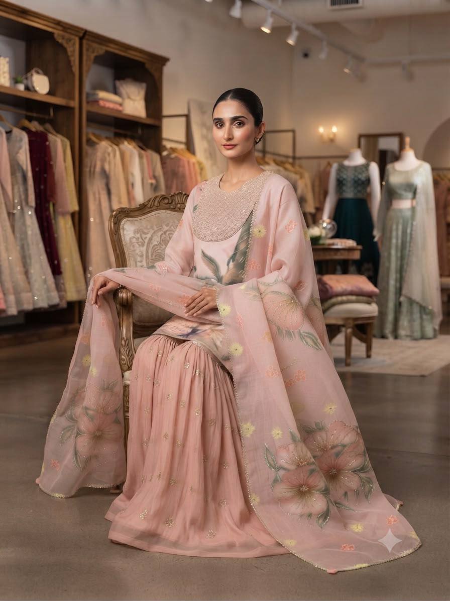 Peach Organza Sequin Sharara Set, view 3