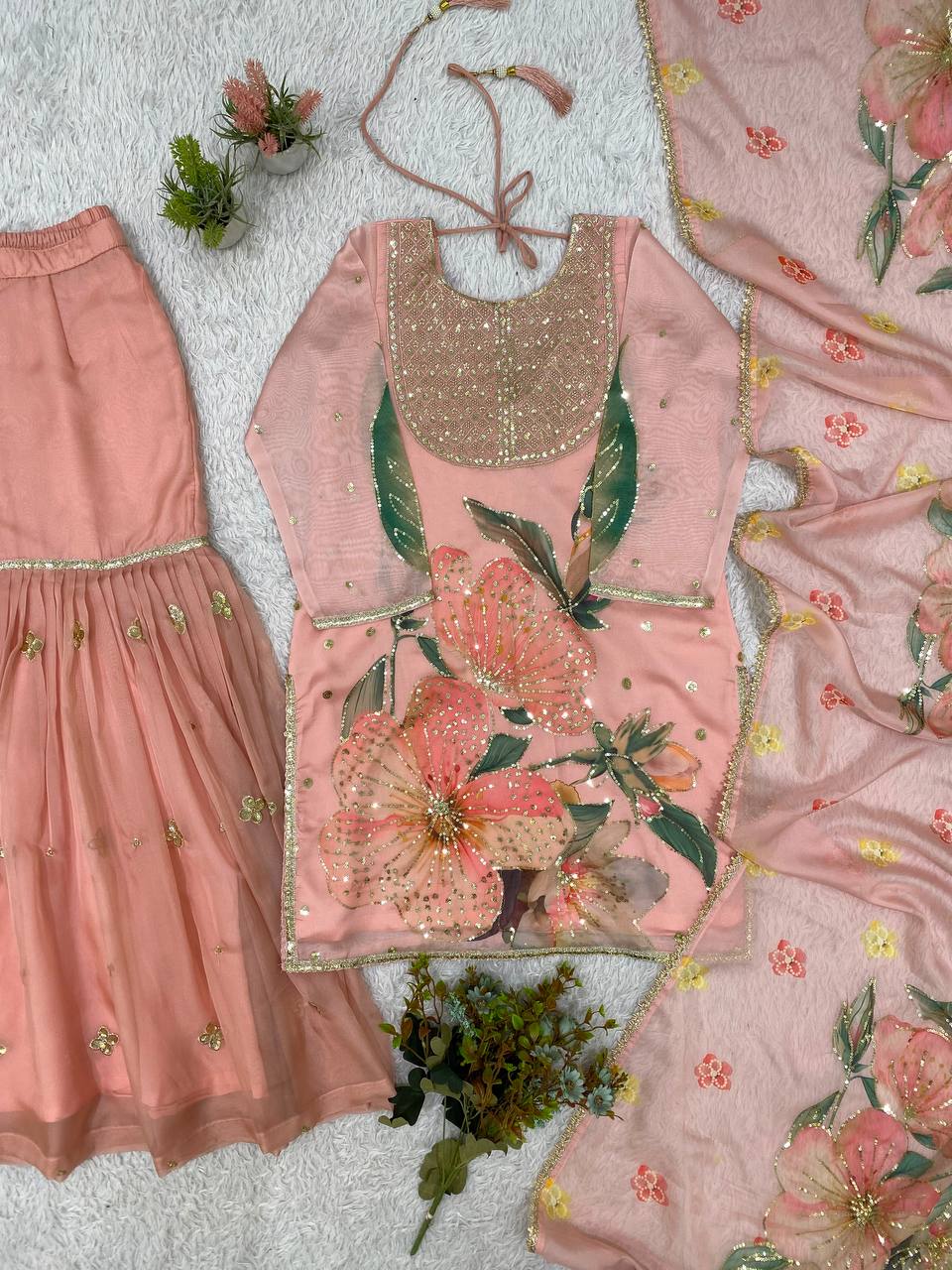 Peach Organza Sequin Sharara Set, view 4