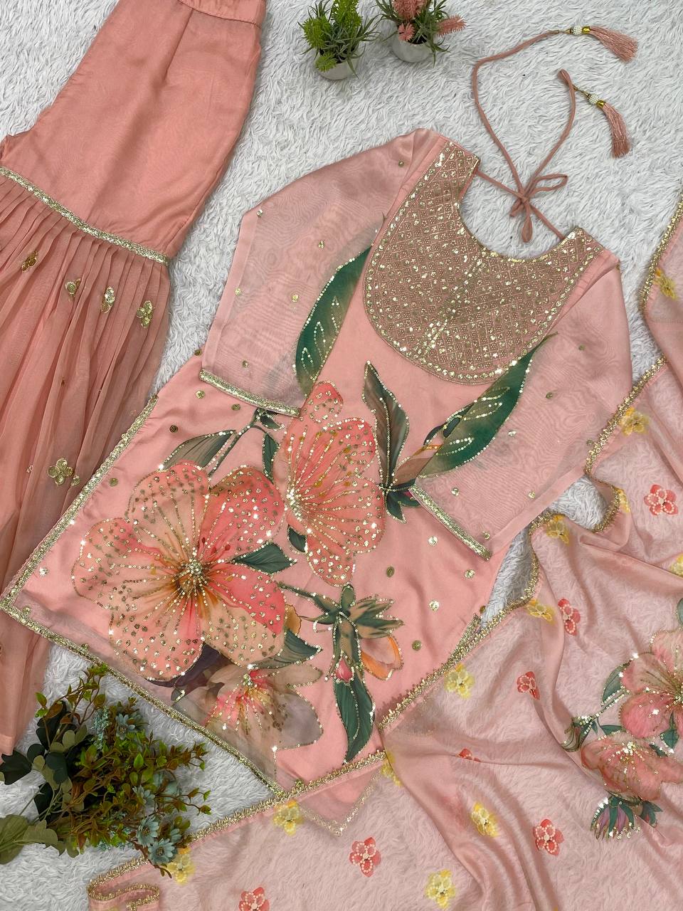 Peach Organza Sequin Sharara Set, view 5