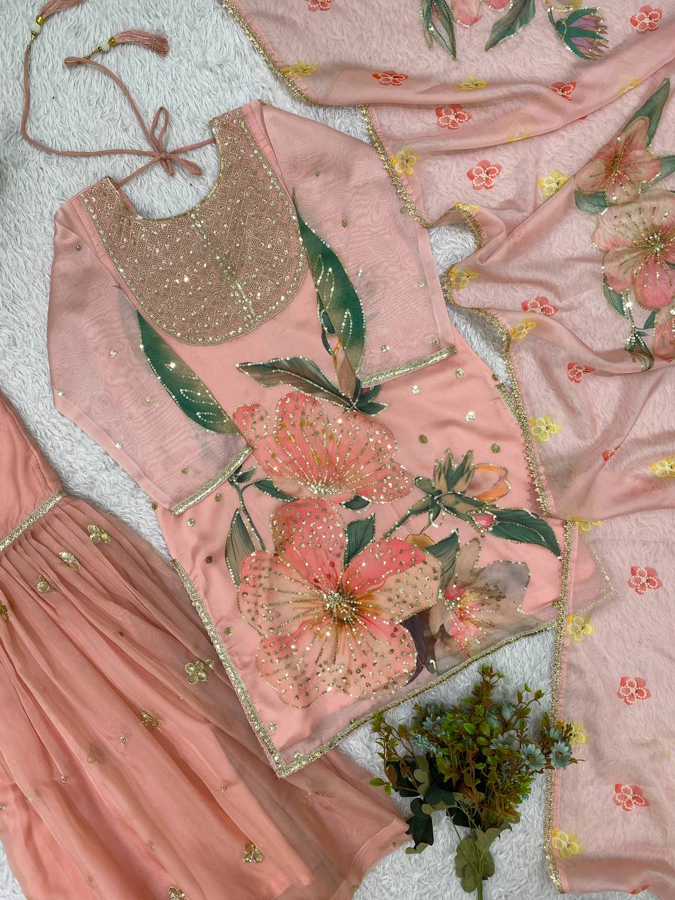 Peach Organza Sequin Sharara Set, view 6