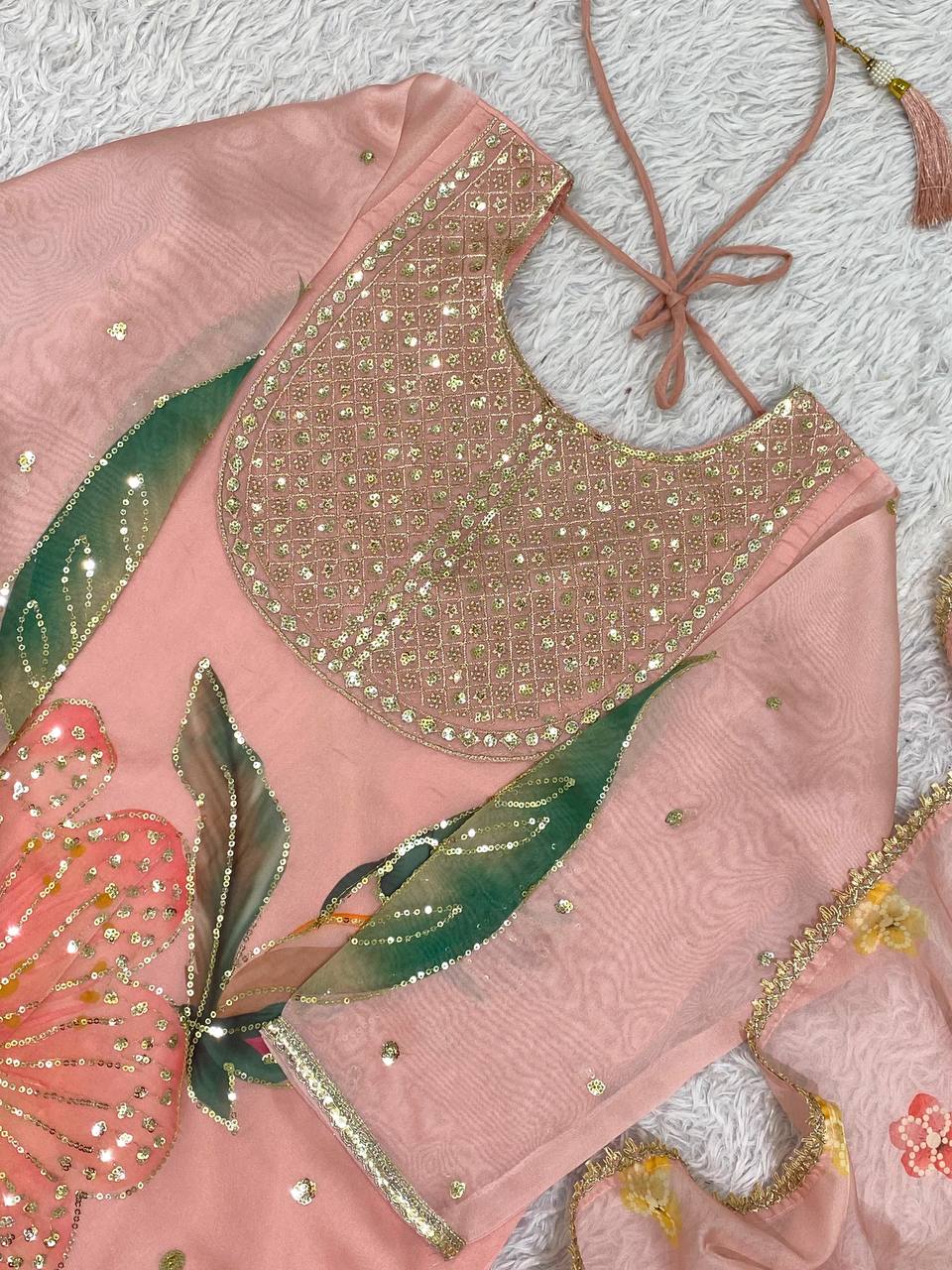 Peach Organza Sequin Sharara Set, view 7