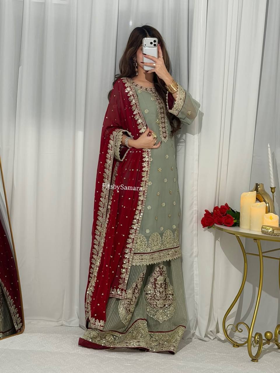 Sage Green Georgette Sequin Kurta Palazzo Set