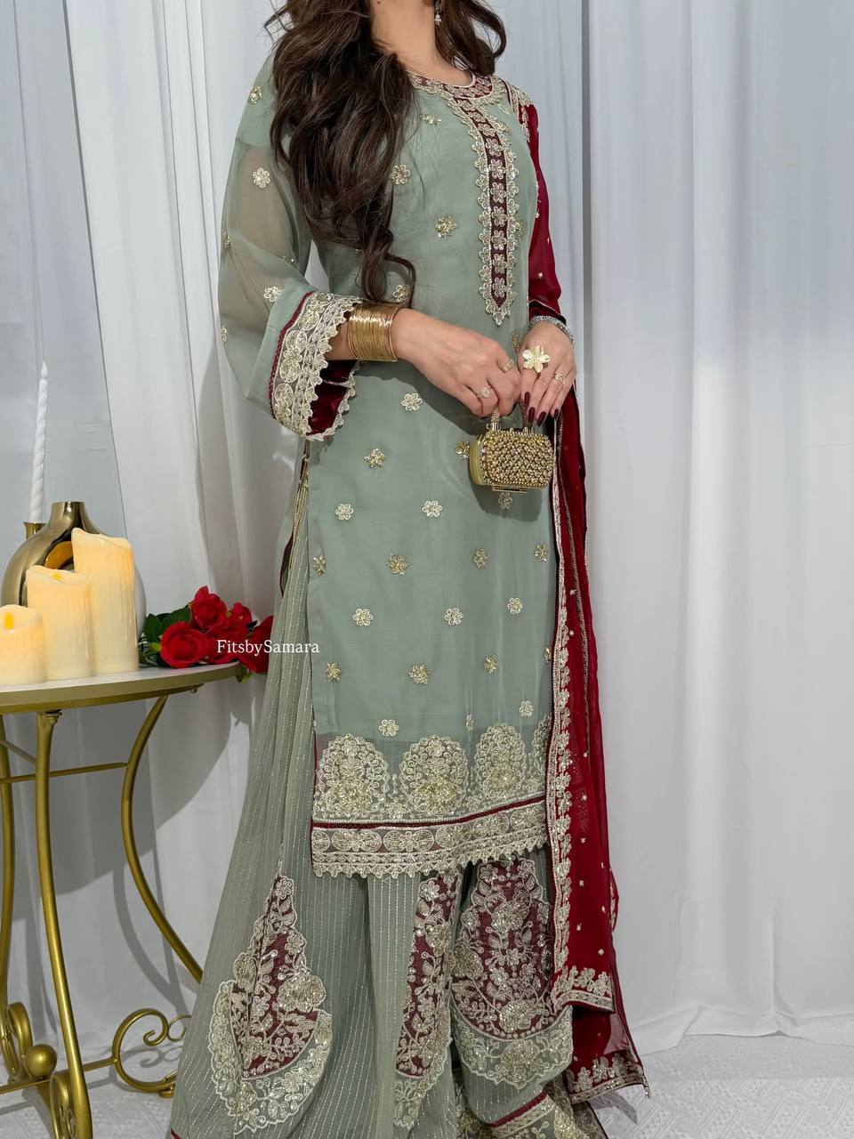 Sage Green Georgette Sequin Kurta Palazzo Set, view 2