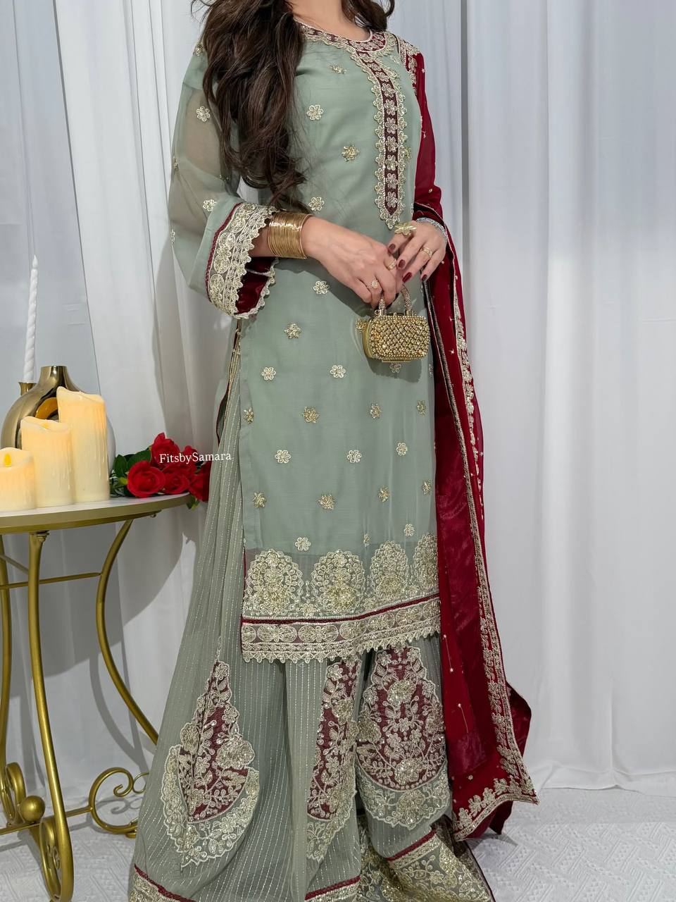 Sage Green Georgette Sequin Kurta Palazzo Set, view 3