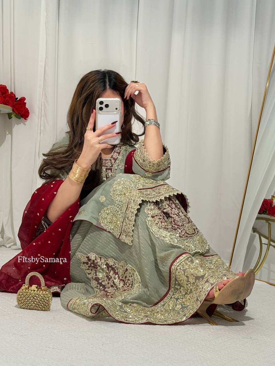 Sage Green Georgette Sequin Kurta Palazzo Set, view 4