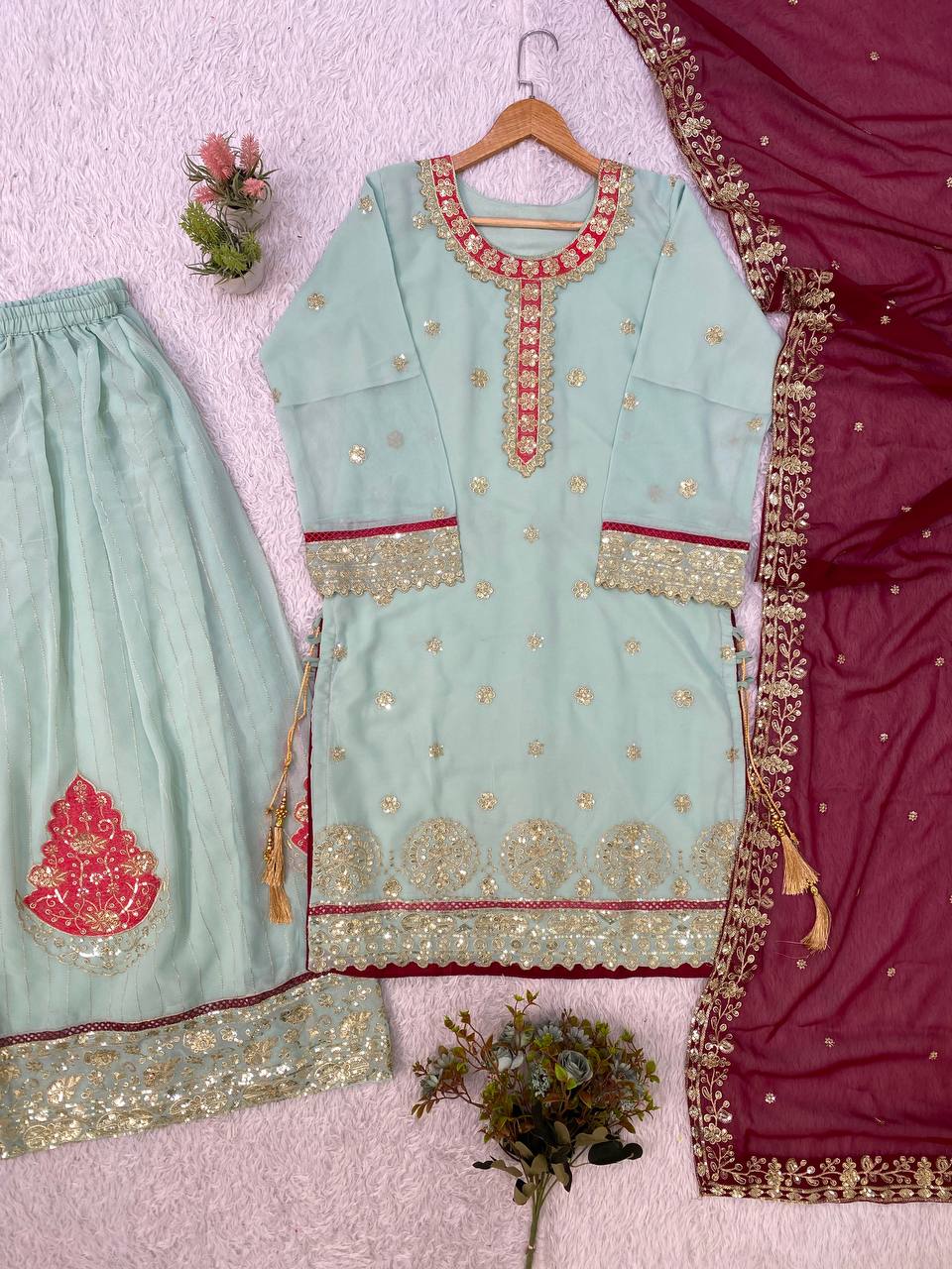 Sage Green Georgette Sequin Kurta Palazzo Set, view 5