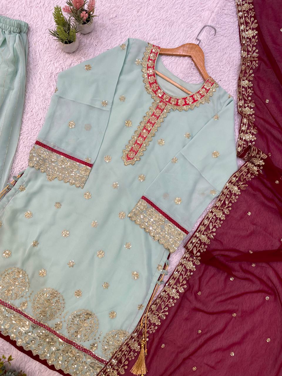 Sage Green Georgette Sequin Kurta Palazzo Set, view 6