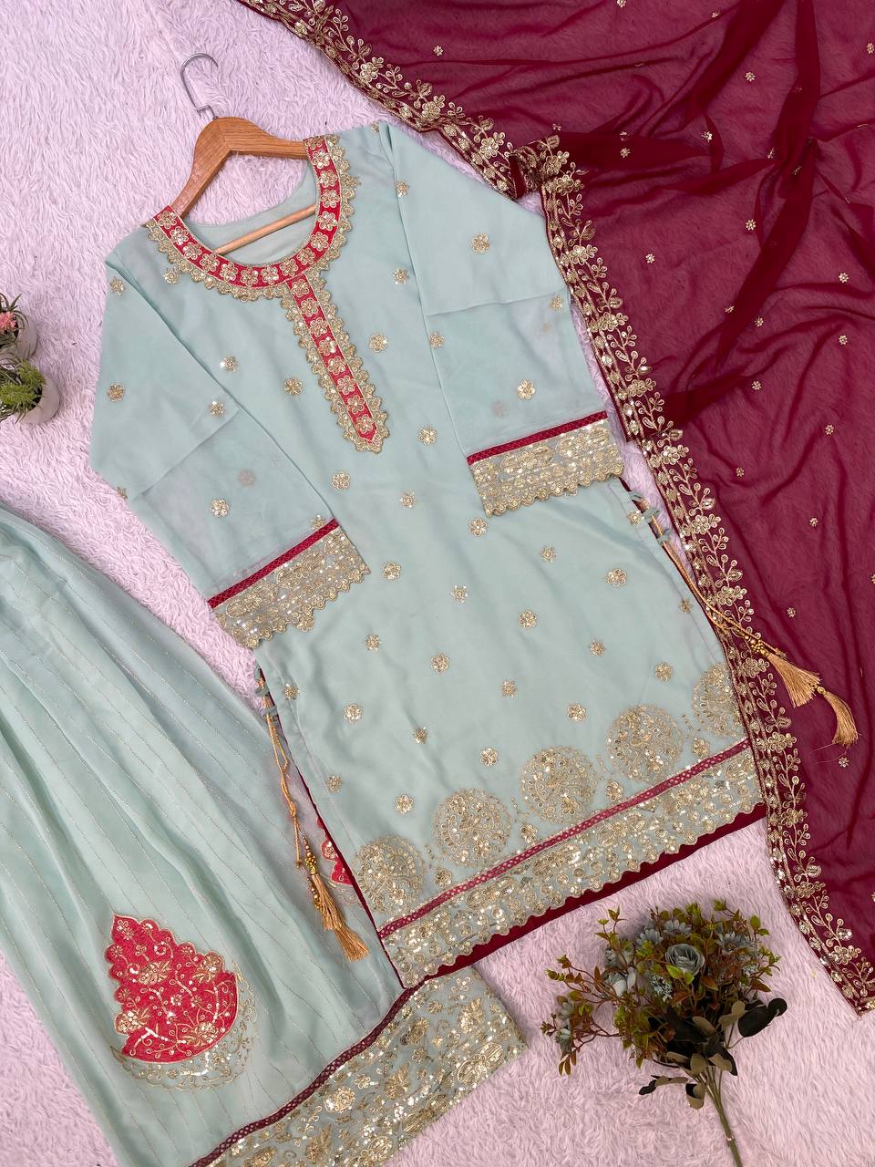 Sage Green Georgette Sequin Kurta Palazzo Set, view 7