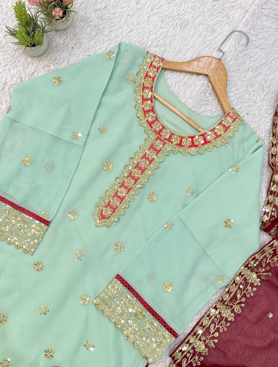 Sage Green Georgette Sequin Kurta Palazzo Set, view 8