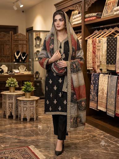 Black Mul Chanderi Sequin Kurta Pant Set