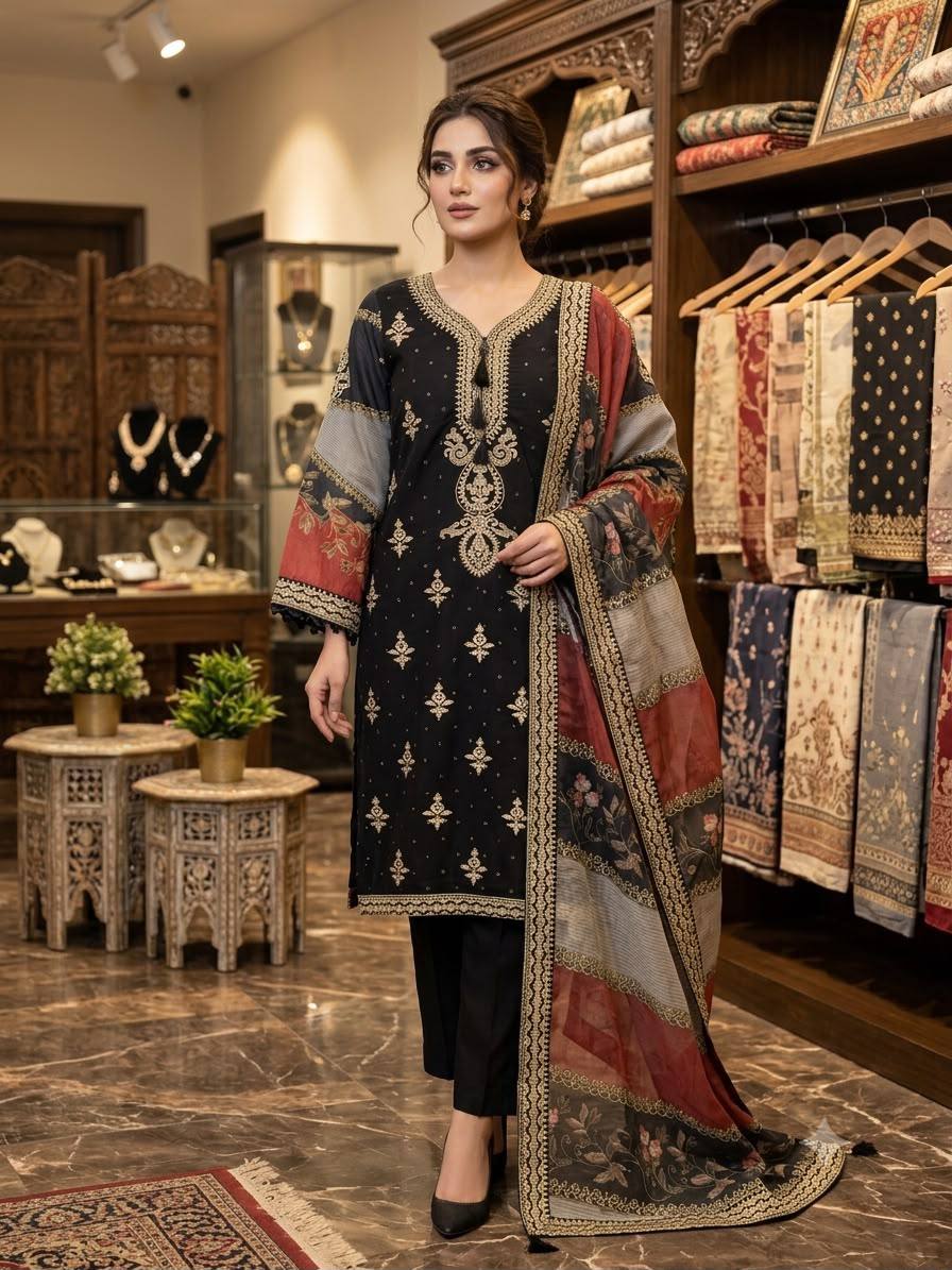 Black Mul Chanderi Sequin Kurta Pant Set, view 2