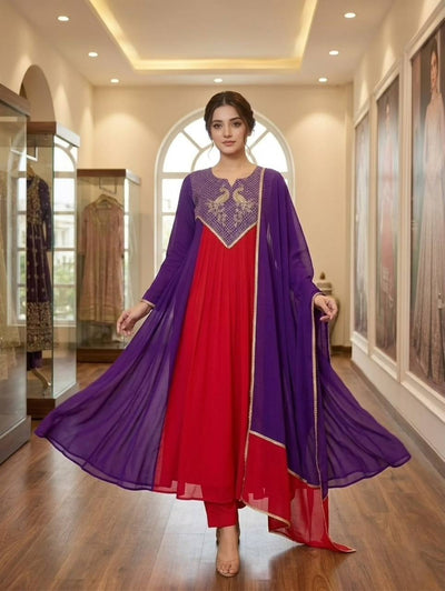 Red and Purple Mul Chanderi Sequin Kurta Pant Set