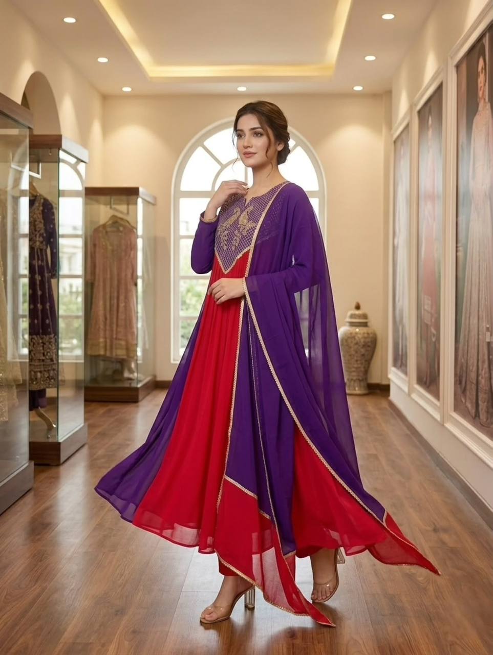 Red and Purple Mul Chanderi Sequin Kurta Pant Set, view 2