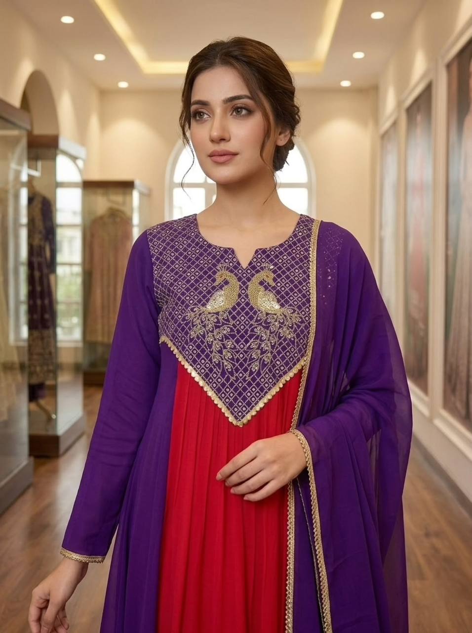 Red and Purple Mul Chanderi Sequin Kurta Pant Set, view 3