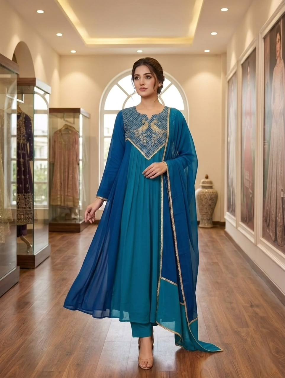 Teal Blue Mul Chanderi Sequin Kurta Pant Set