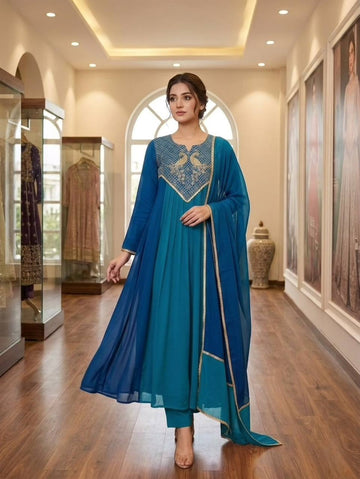 Teal Blue Mul Chanderi Sequin Kurta Pant Set