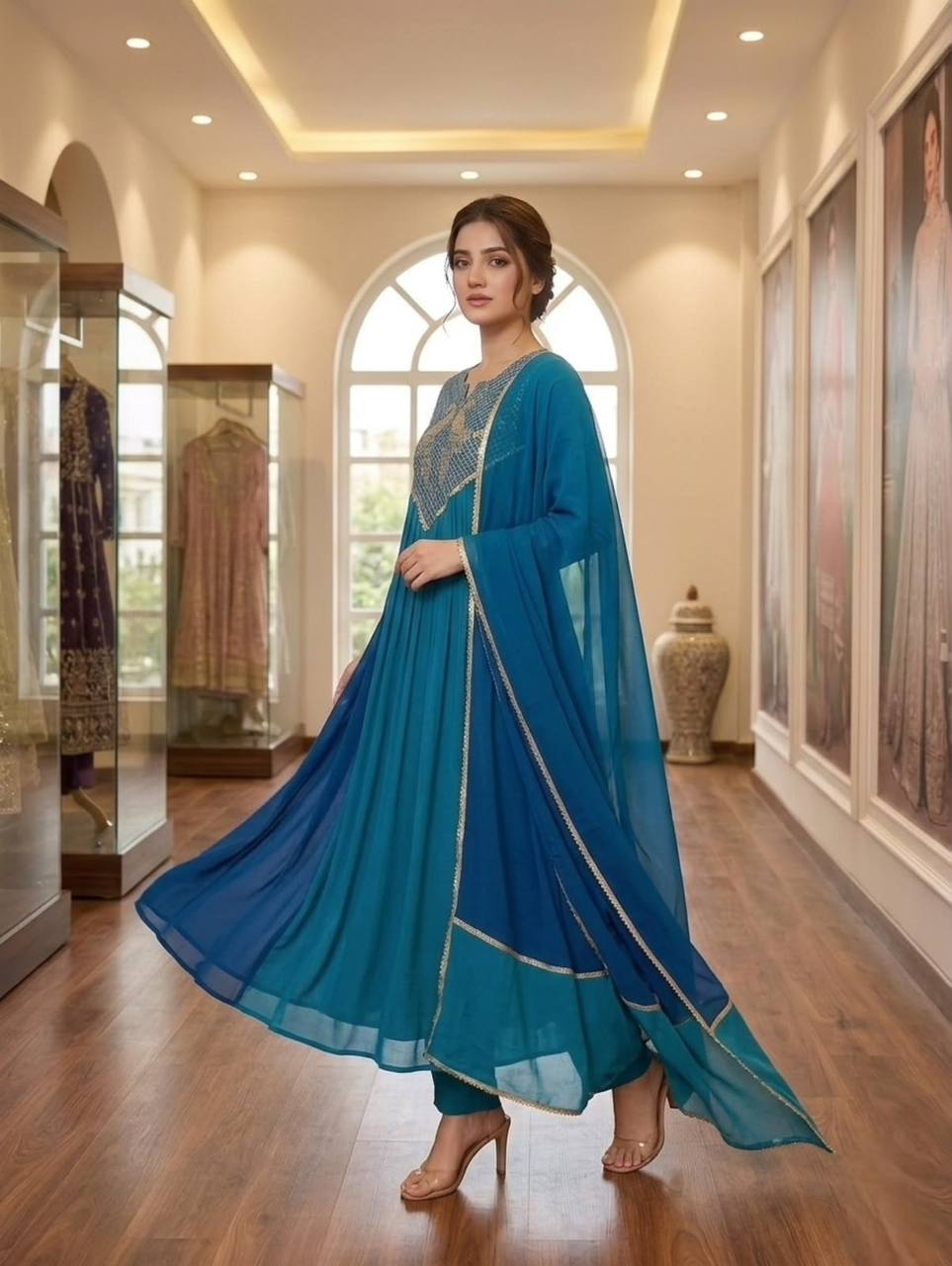 Teal Blue Mul Chanderi Sequin Kurta Pant Set, view 2