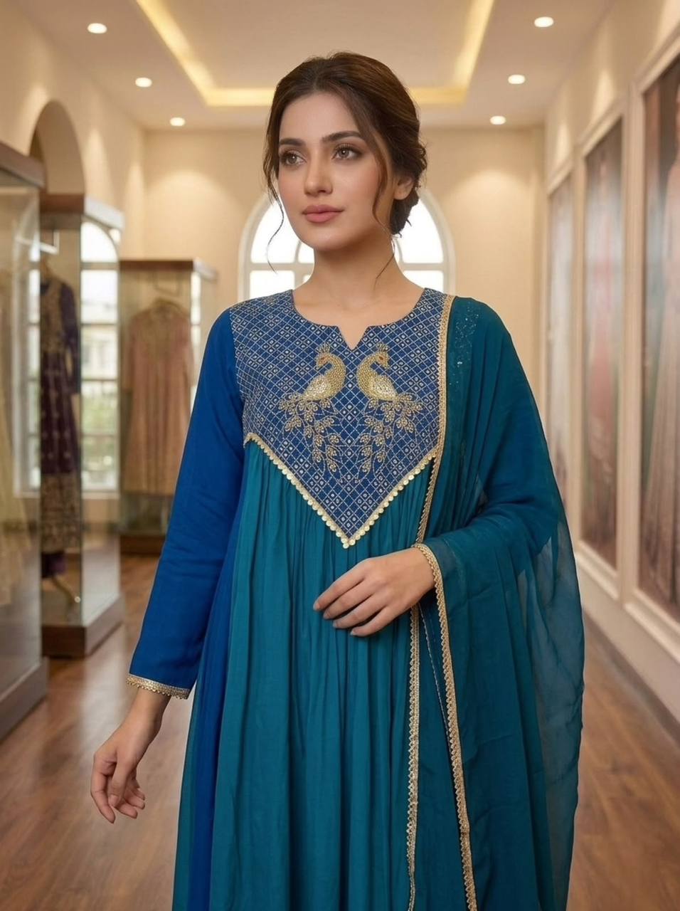 Teal Blue Mul Chanderi Sequin Kurta Pant Set, view 3
