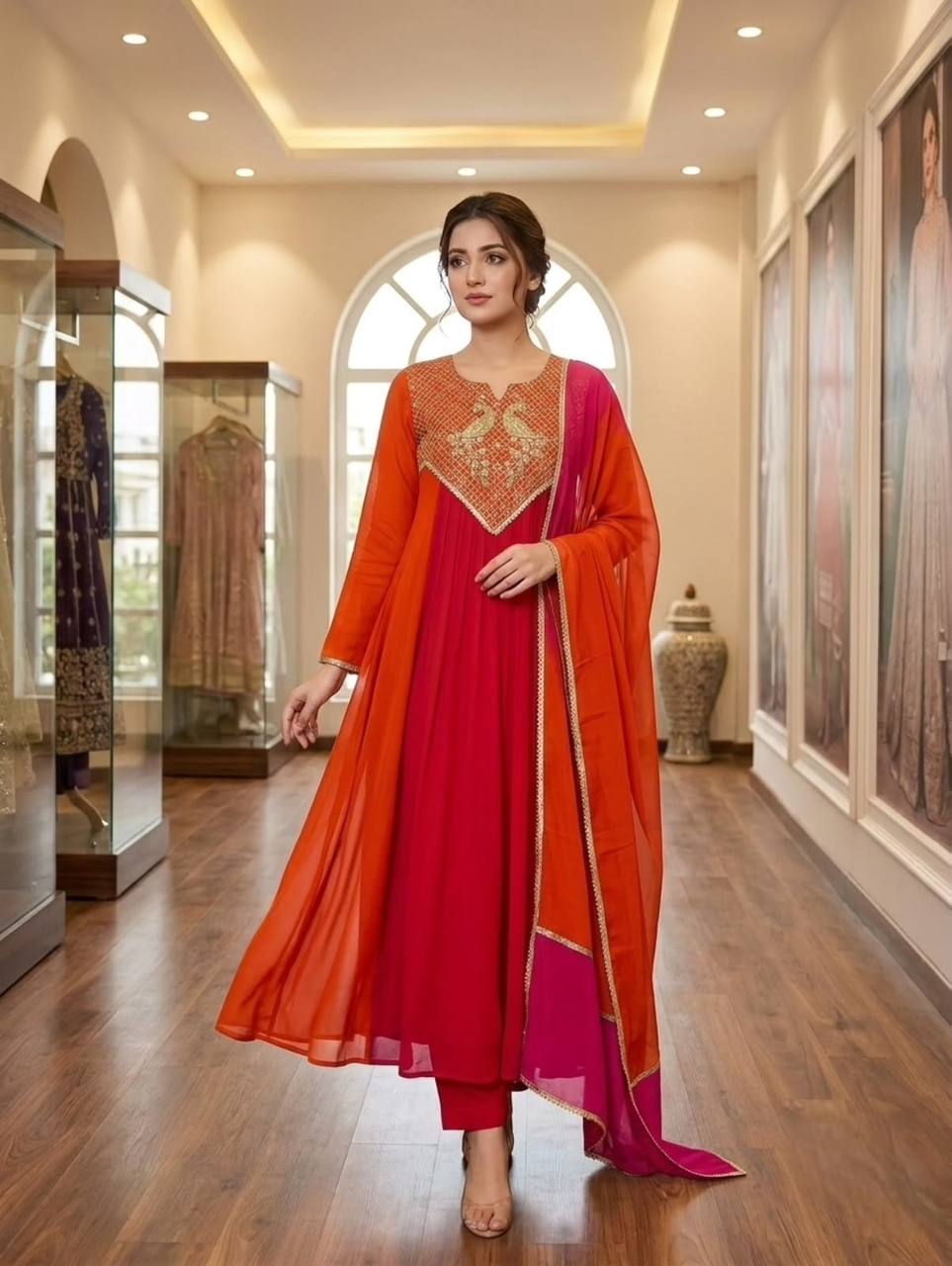 Red and Orange Mul Chanderi Sequin Kurta Pant Set