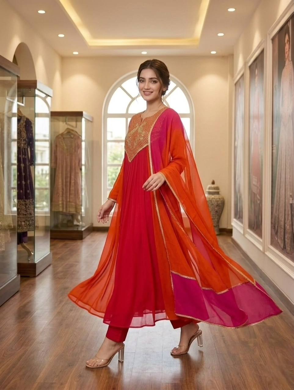 Red and Orange Mul Chanderi Sequin Kurta Pant Set, view 2