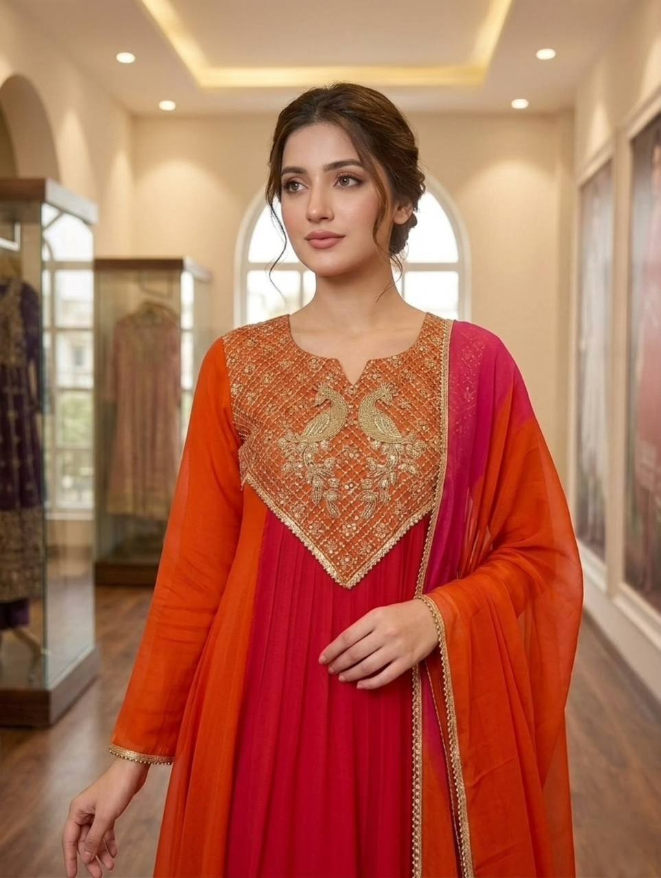 Red and Orange Mul Chanderi Sequin Kurta Pant Set, view 3