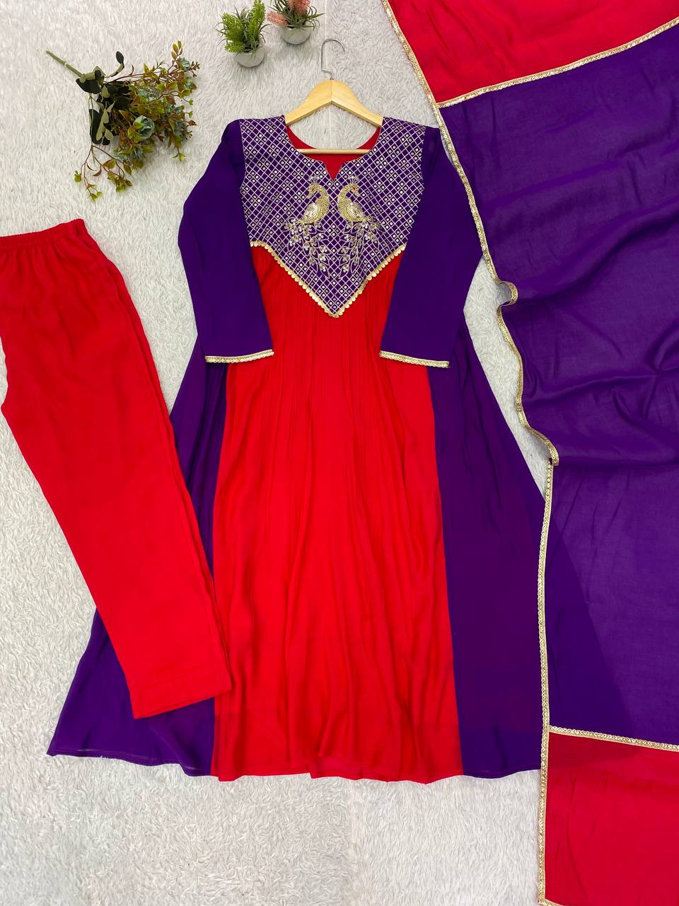 Red and Purple Mul Chanderi Sequin Kurta Pant Set, view 4