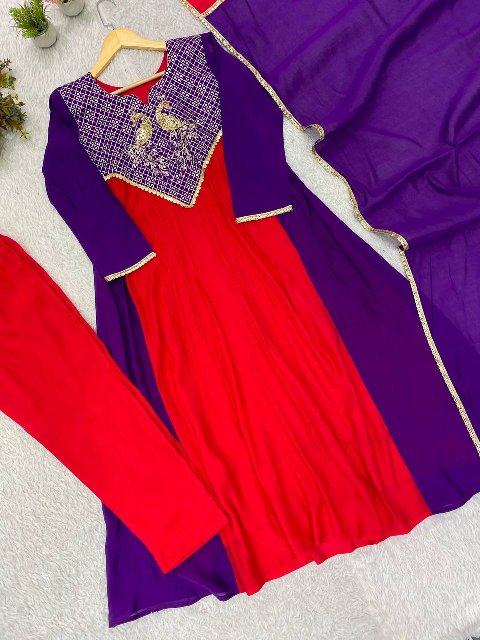 Red and Purple Mul Chanderi Sequin Kurta Pant Set, view 5