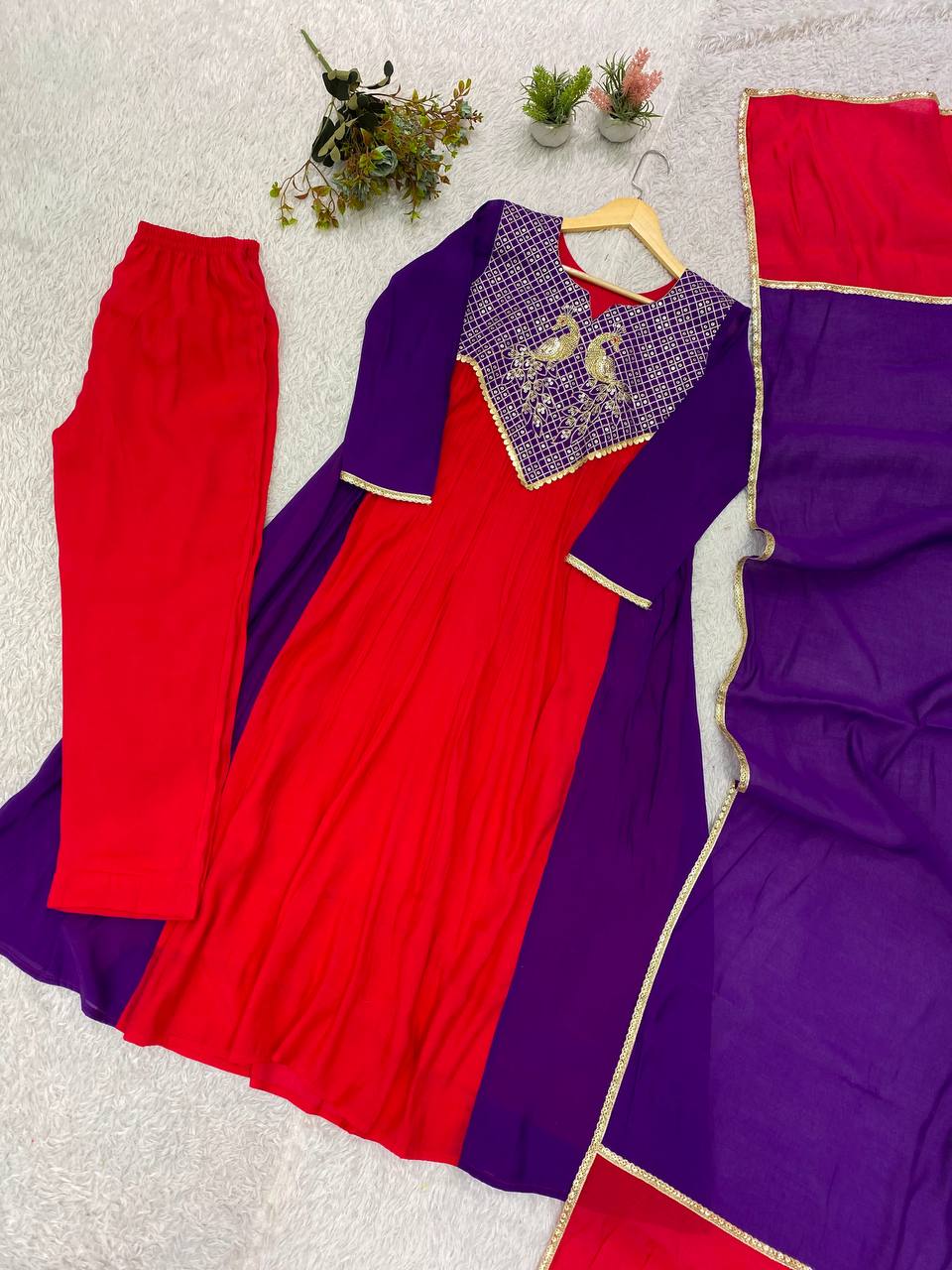 Red and Purple Mul Chanderi Sequin Kurta Pant Set, view 6