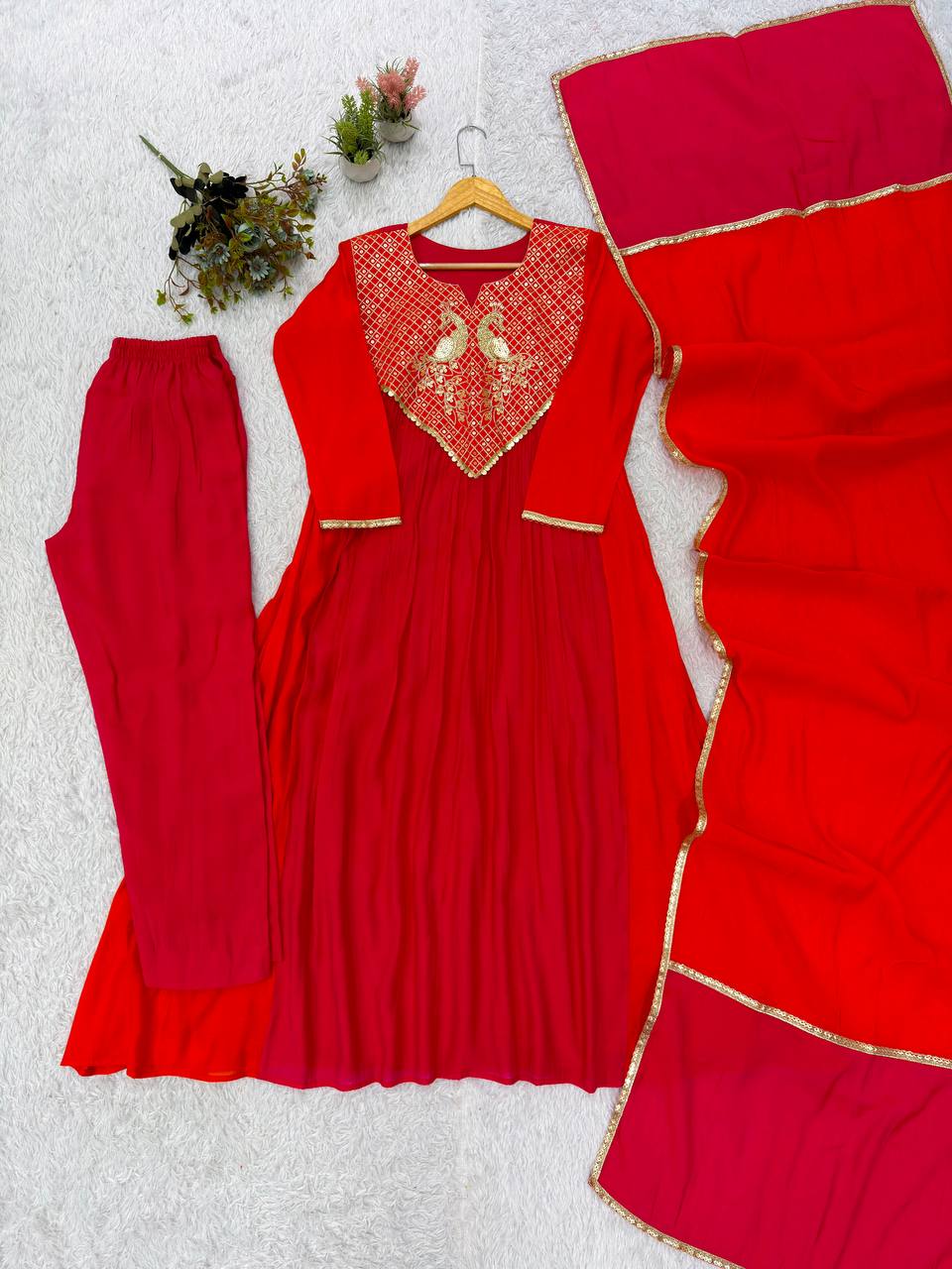 Red and Orange Mul Chanderi Sequin Kurta Pant Set, view 4