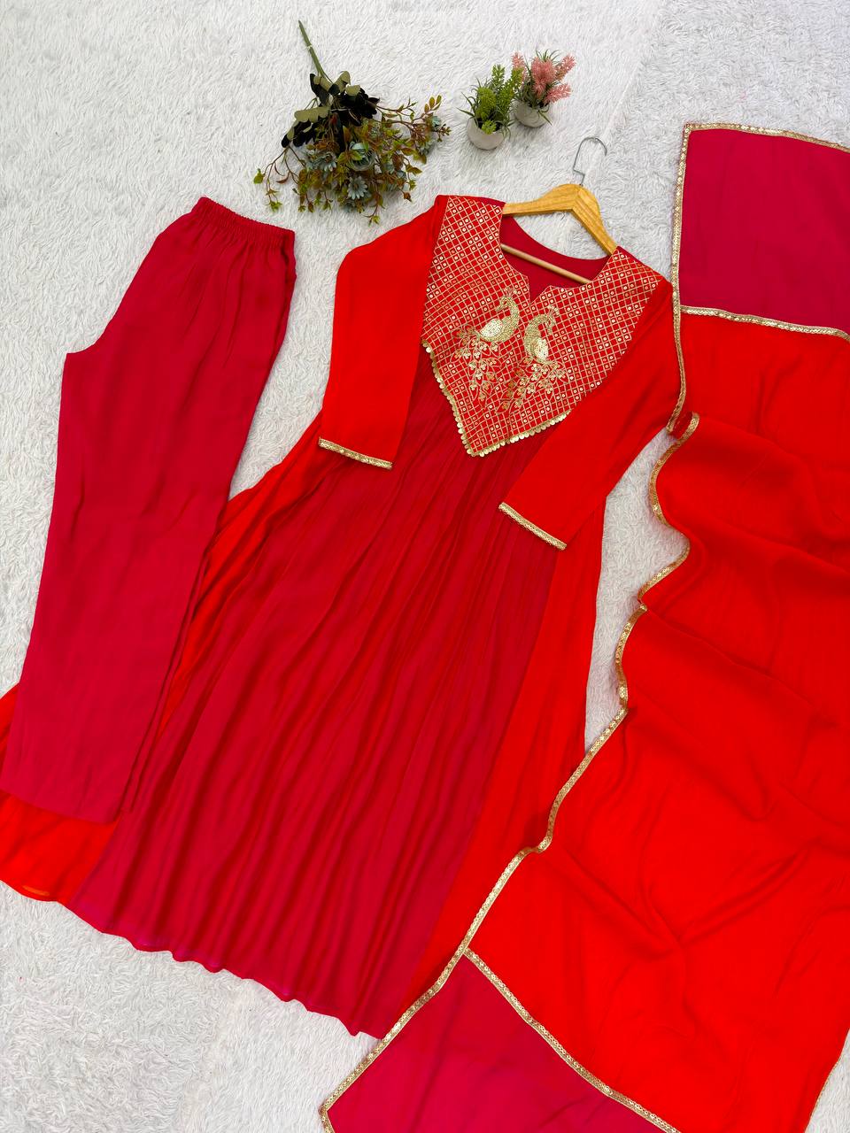 Red and Orange Mul Chanderi Sequin Kurta Pant Set, view 5