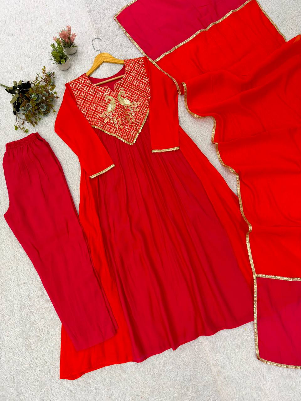 Red and Orange Mul Chanderi Sequin Kurta Pant Set, view 6