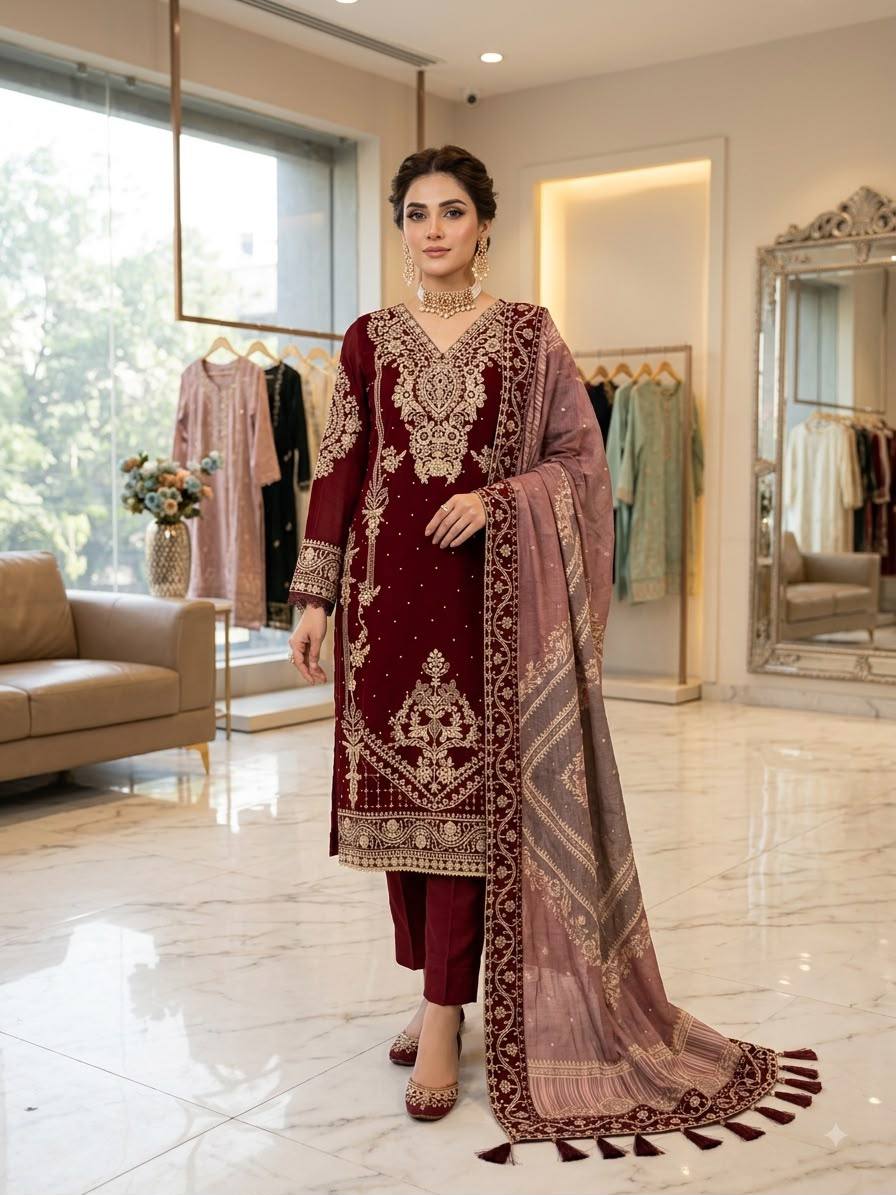 Maroon Georgette Embroidered Kurta Pant Set