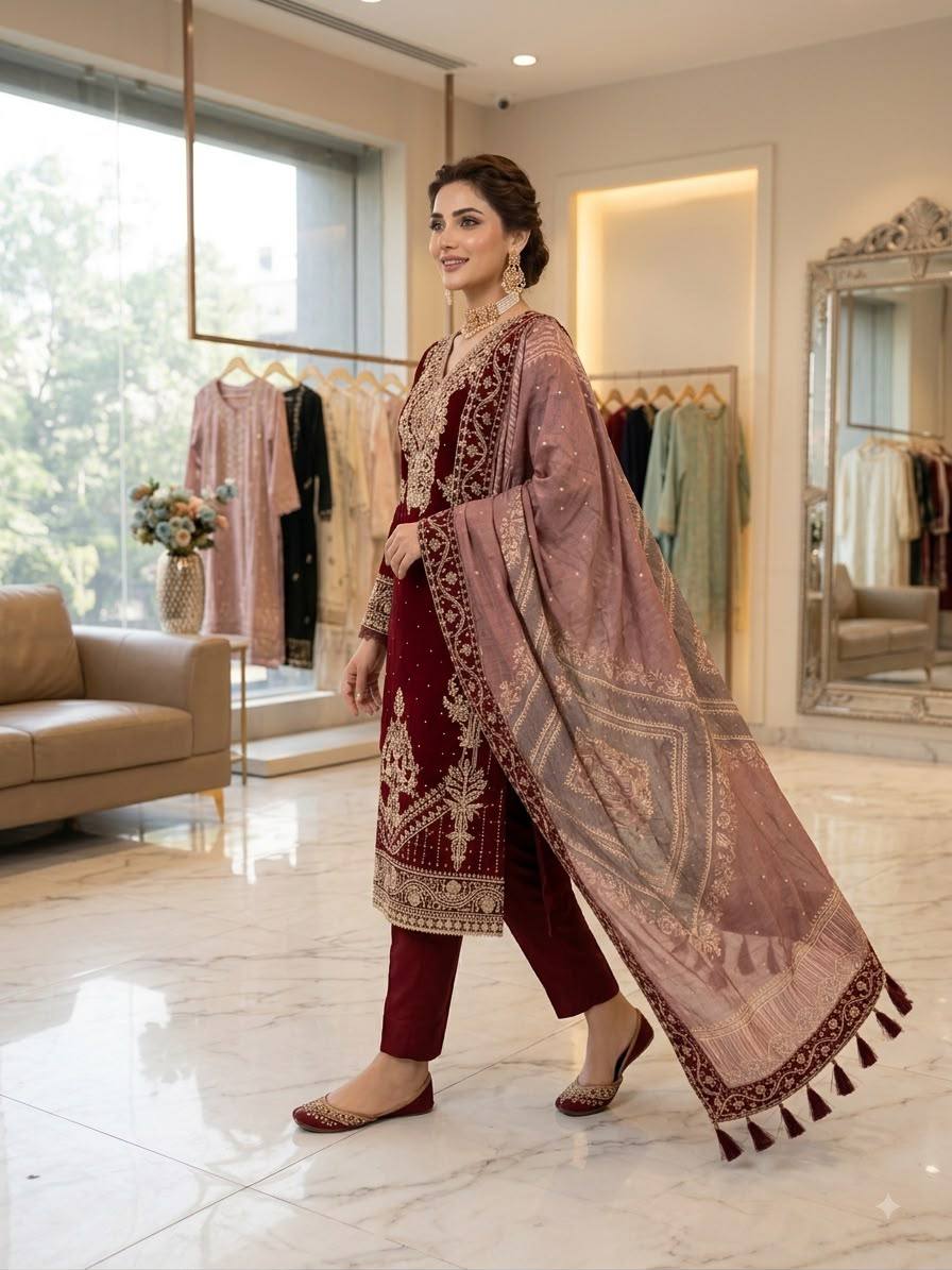 Maroon Georgette Embroidered Kurta Pant Set, view 2