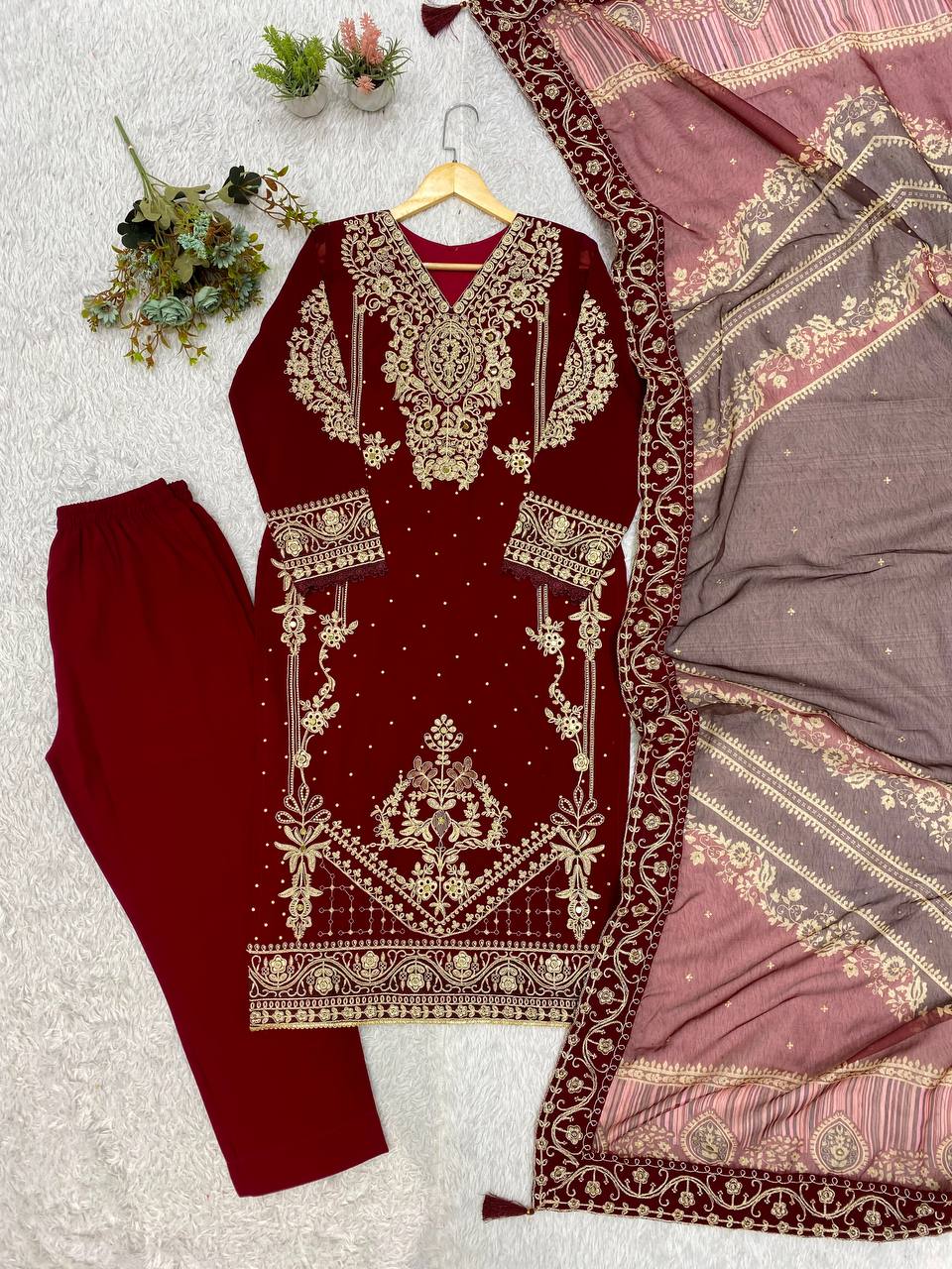 Maroon Georgette Embroidered Kurta Pant Set, view 4